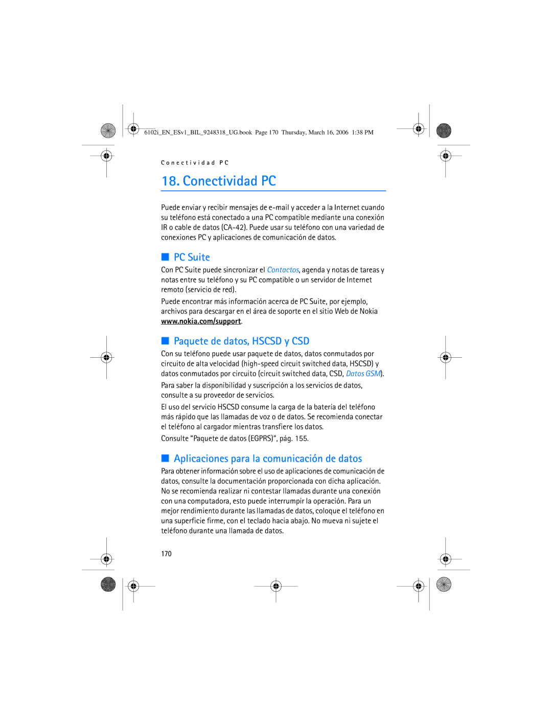 Nokia 6102i manual Conectividad PC, Paquete de datos, Hscsd y CSD, Aplicaciones para la comunicación de datos, 170 