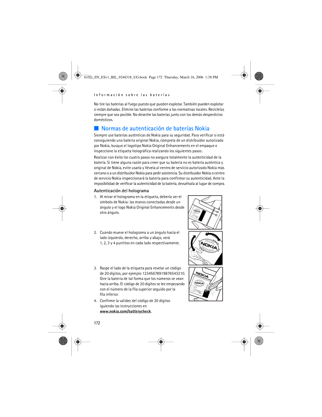 Nokia 6102i manual Normas de autenticación de baterías Nokia, Autenticación del holograma, 172, Fila inferior 