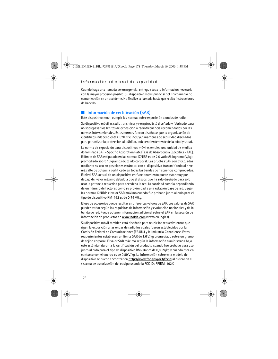 Nokia 6102i manual Información de certificación SAR, 178 