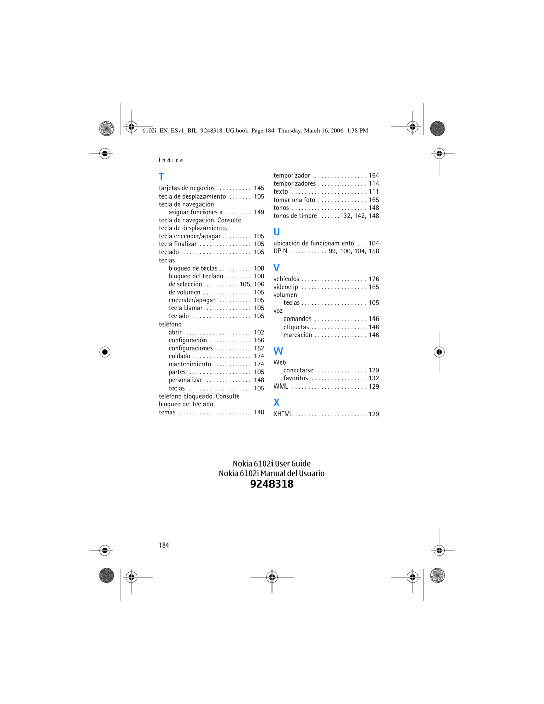 Nokia manual Nokia 6102i User Guide Nokia 6102i Manual del Usuario, 184 