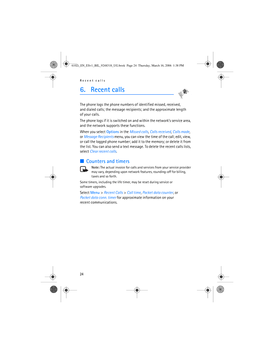 Nokia 6102i manual Recent calls, Counters and timers 