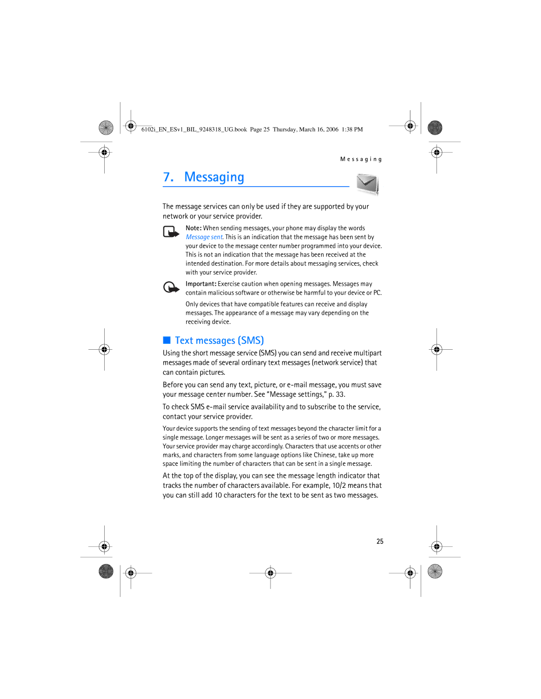 Nokia 6102i manual Messaging, Text messages SMS 