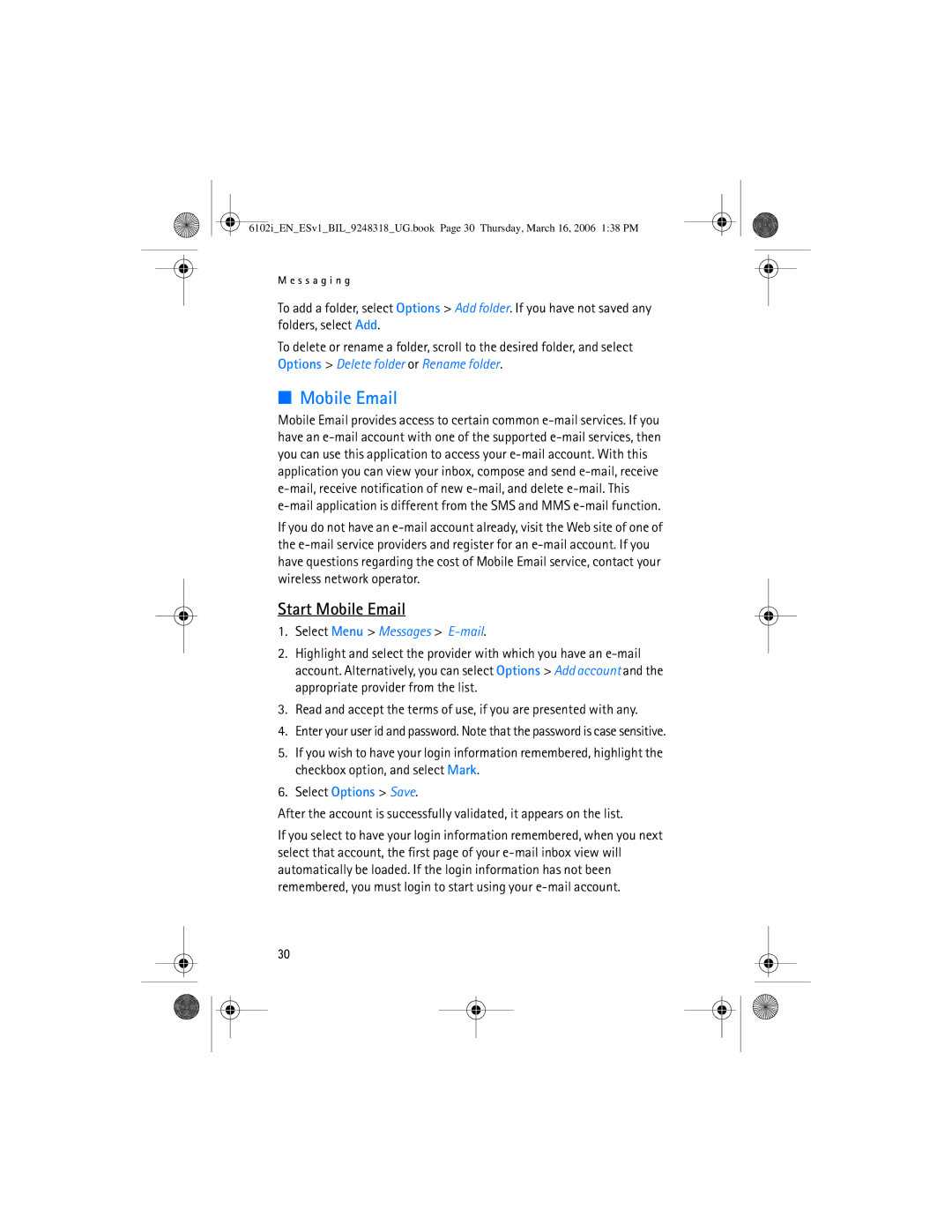 Nokia 6102i manual Start Mobile Email, Select Menu Messages E-mail 