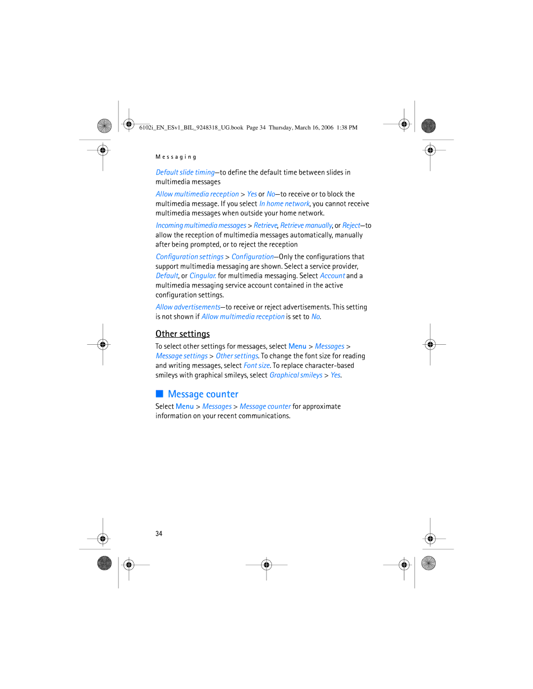 Nokia 6102i manual Message counter, Other settings 