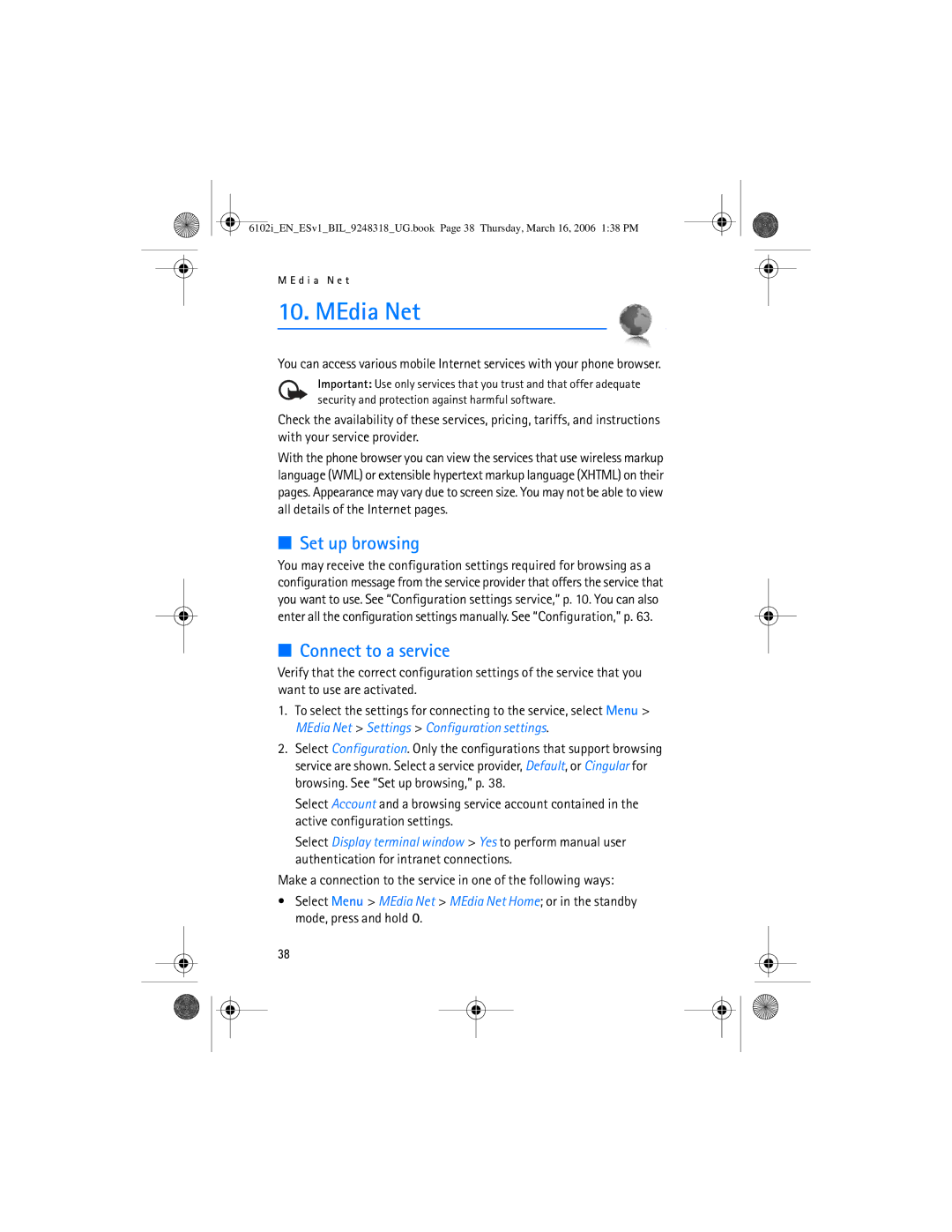 Nokia 6102i manual MEdia Net, Set up browsing, Connect to a service 