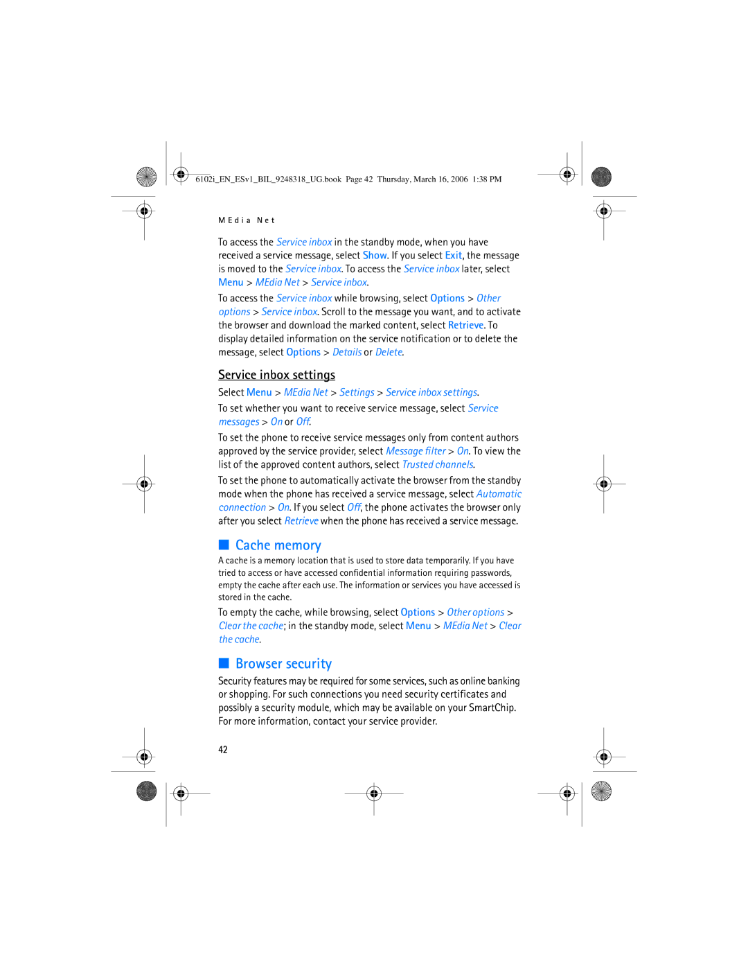 Nokia 6102i manual Cache memory, Browser security, Select Menu MEdia Net Settings Service inbox settings 