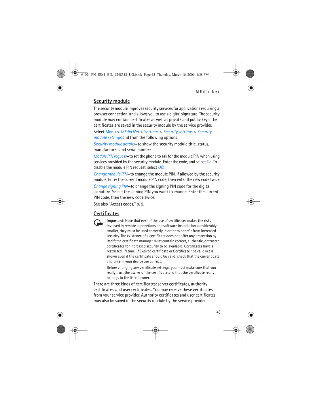 Nokia 6102i manual Security module, Certificates 