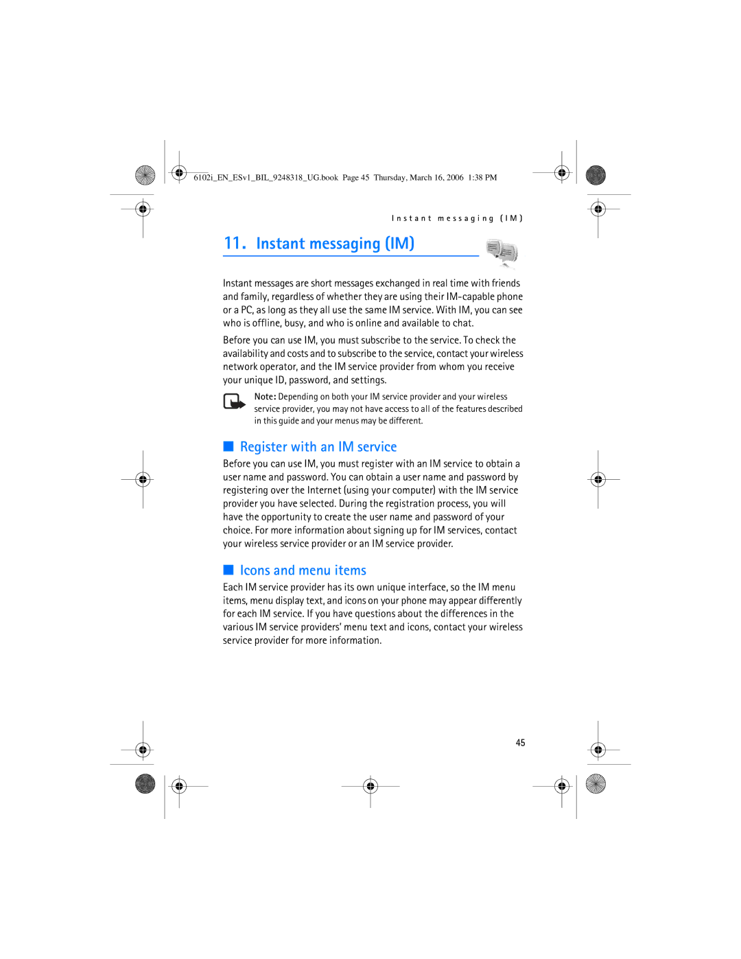 Nokia 6102i manual Register with an IM service, Icons and menu items 