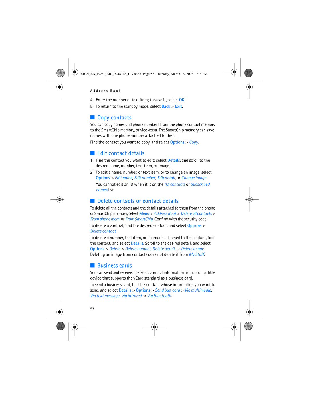 Nokia 6102i manual Copy contacts, Edit contact details, Delete contacts or contact details, Business cards 