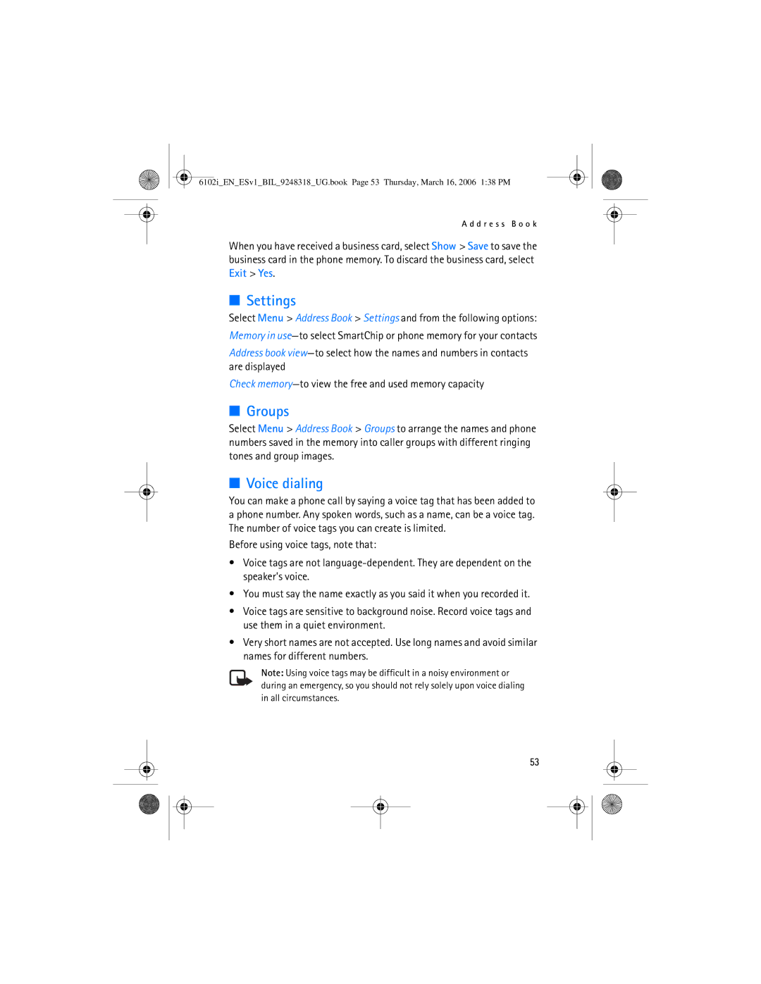 Nokia 6102i manual Groups, Voice dialing 