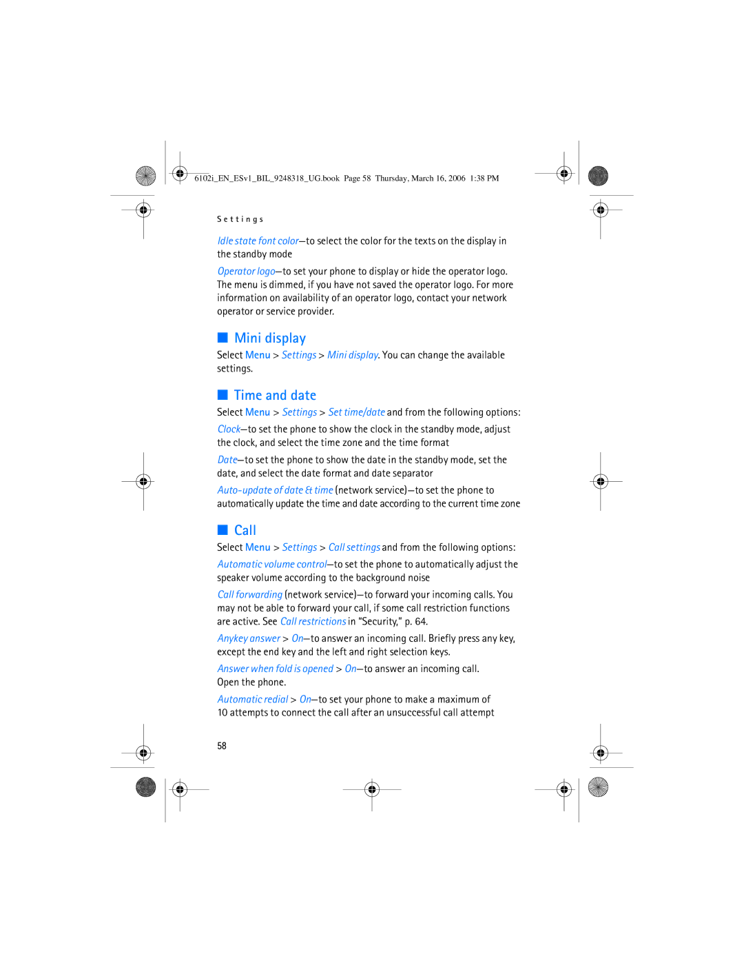 Nokia 6102i manual Mini display, Time and date, Call 