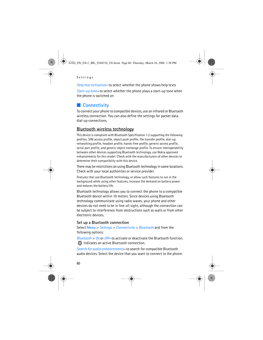 Nokia 6102i manual Connectivity, Bluetooth wireless technology 