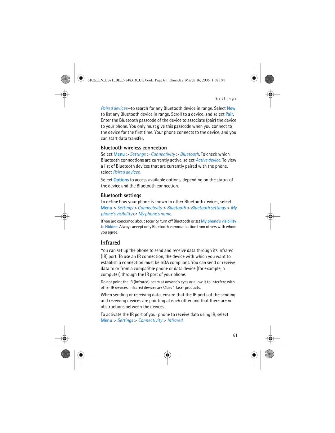 Nokia 6102i manual Infrared, Bluetooth wireless connection 