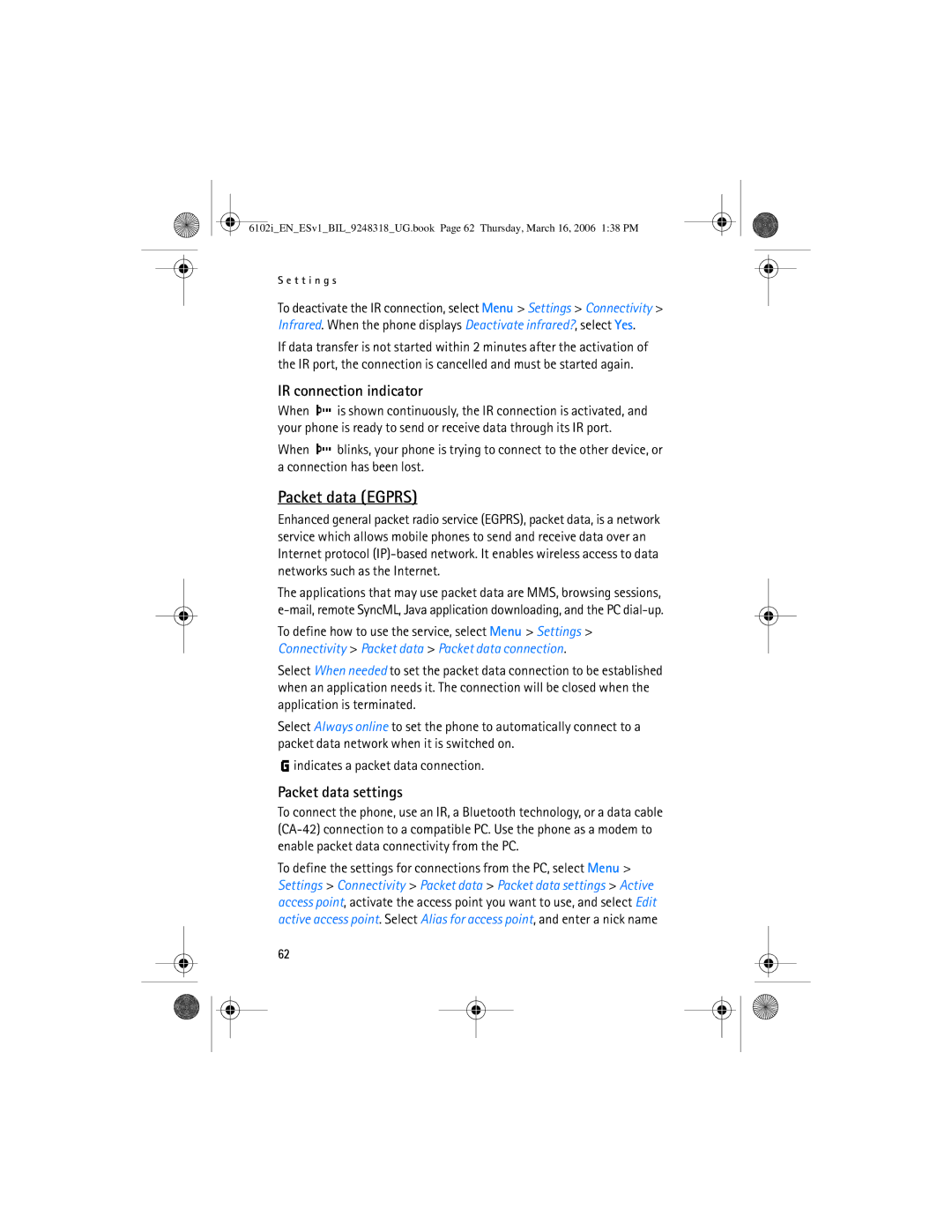 Nokia 6102i manual Packet data Egprs, IR connection indicator 