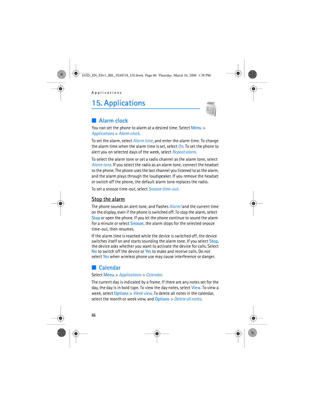 Nokia 6102i manual Alarm clock, Stop the alarm, Select Menu Applications Calendar 