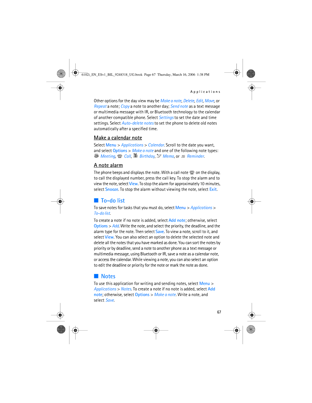 Nokia 6102i manual To-do list, Make a calendar note 