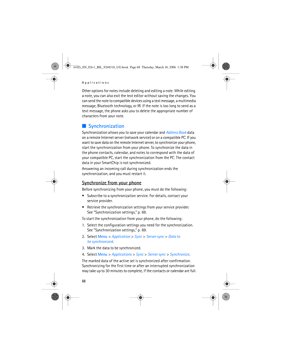 Nokia 6102i manual Synchronization, Synchronize from your phone, Mark the data to be synchronized 