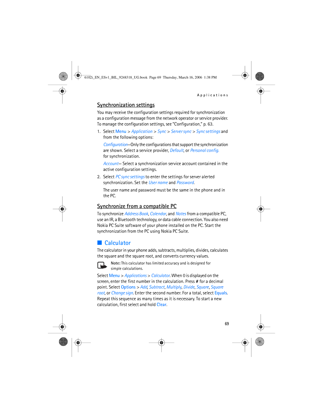 Nokia 6102i manual Calculator, Synchronization settings, Synchronize from a compatible PC 