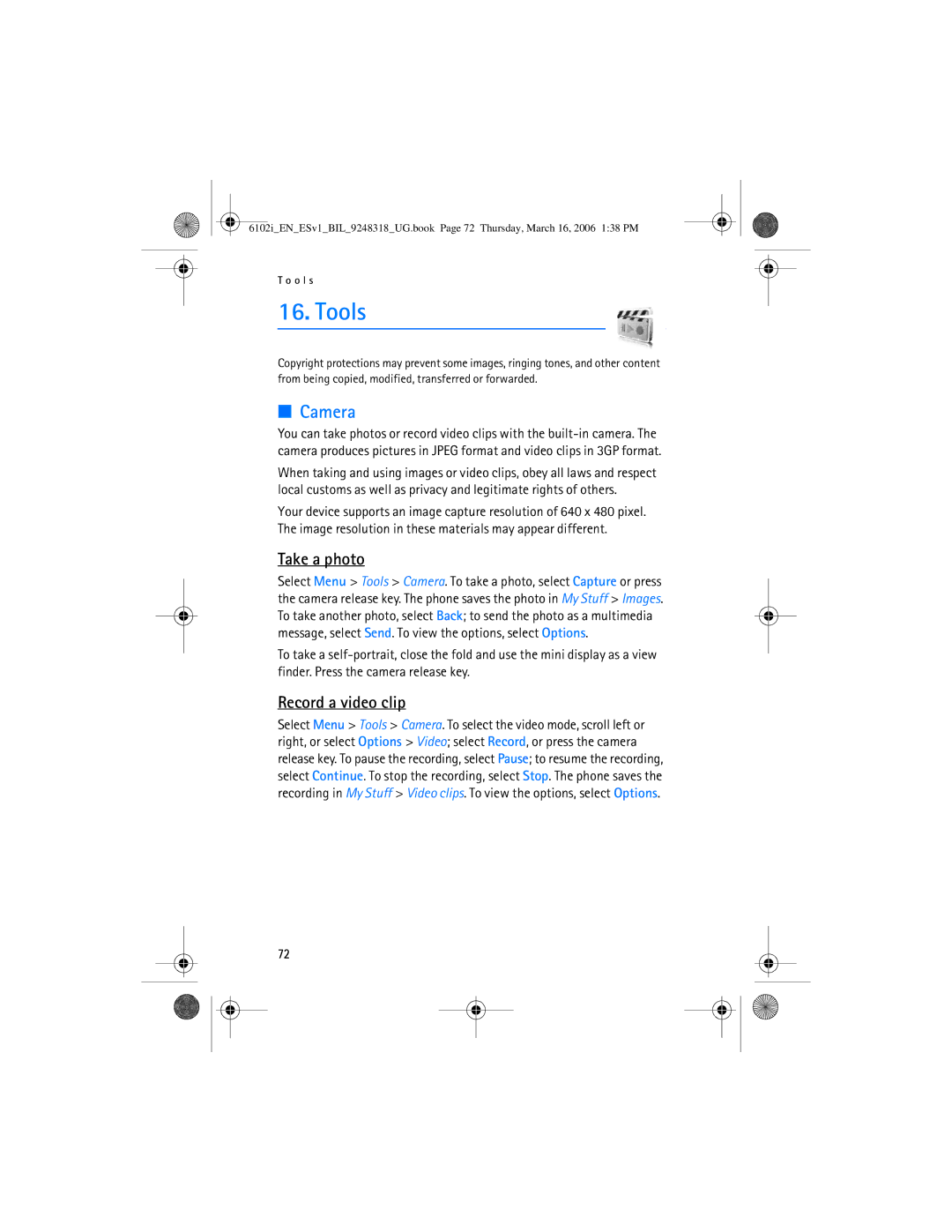 Nokia 6102i manual Tools, Camera, Take a photo, Record a video clip 