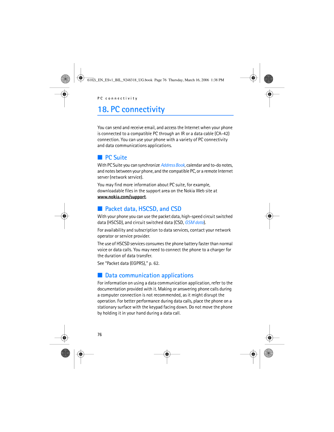 Nokia 6102i manual PC connectivity, PC Suite, Packet data, HSCSD, and CSD, Data communication applications 