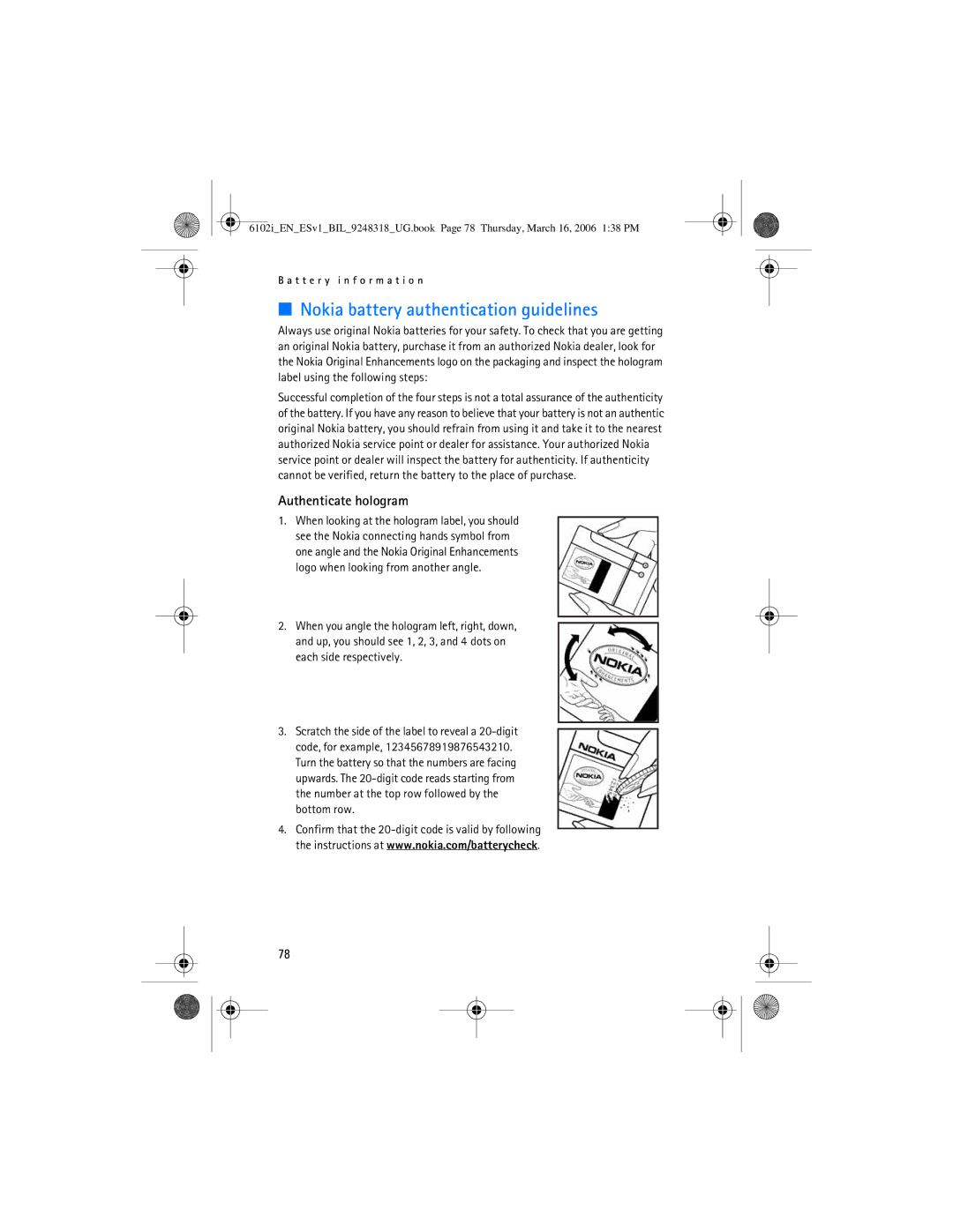 Nokia 6102i manual Nokia battery authentication guidelines, Authenticate hologram 