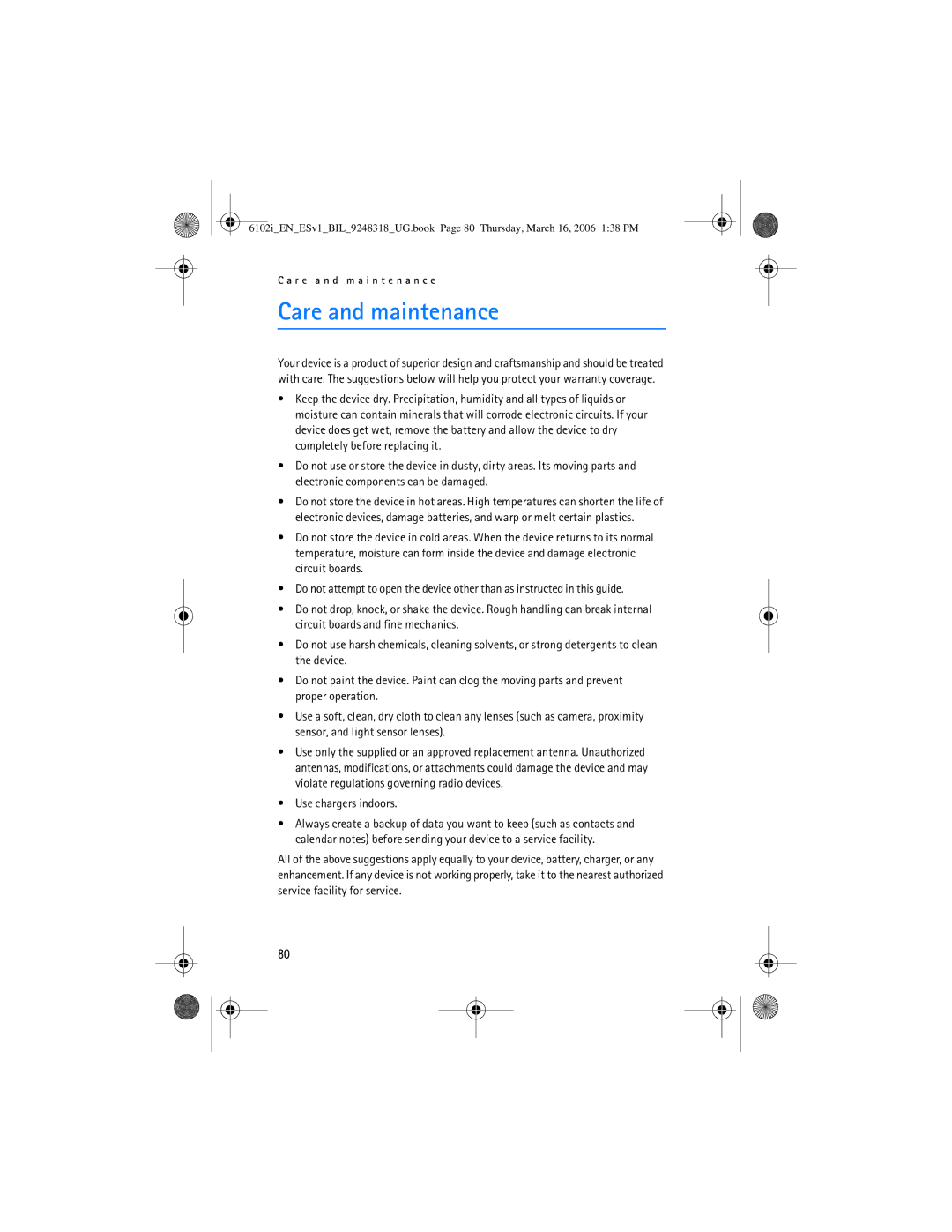 Nokia 6102i manual Care and maintenance, Use chargers indoors 