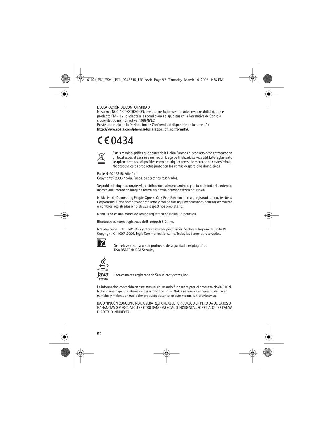 Nokia 6102i manual Declaración DE Conformidad 