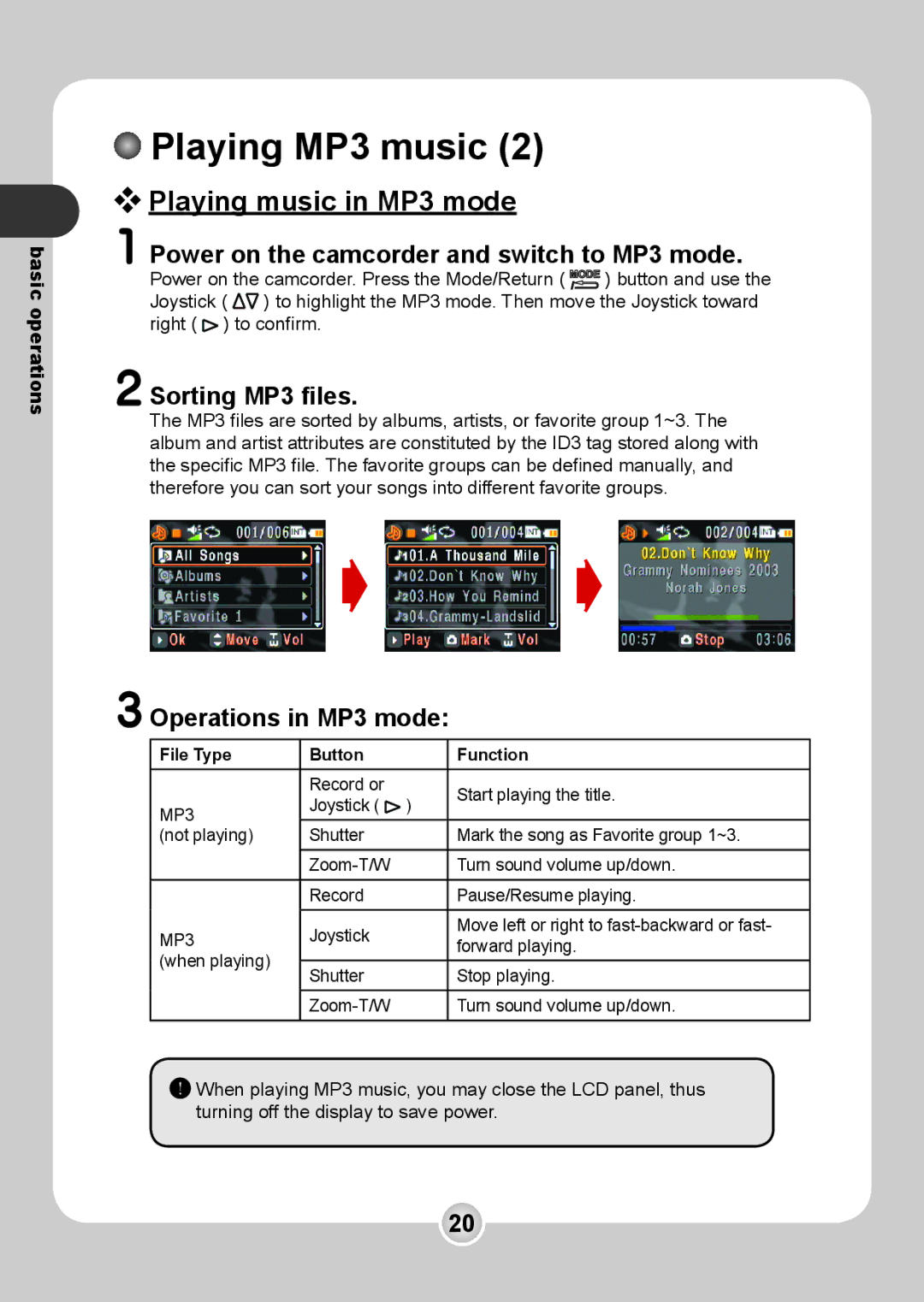 Nokia 6108 manual Playing music in MP3 mode, Power on the camcorder and switch to MP3 mode, Sorting MP3 ﬁles 