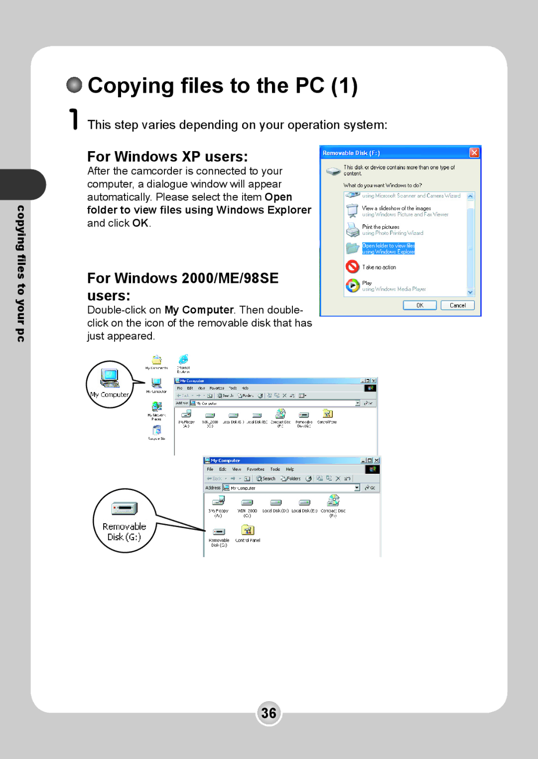 Nokia 6108 manual Copying ﬁles to the PC, For Windows XP users, For Windows 2000/ME/98SE users 