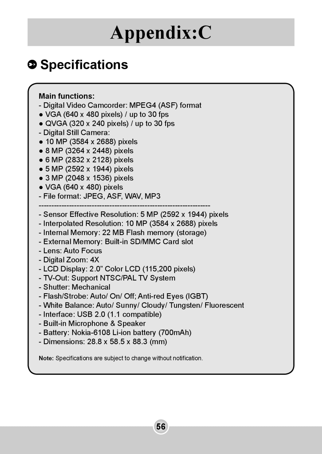 Nokia 6108 manual AppendixC, Speciﬁcations 