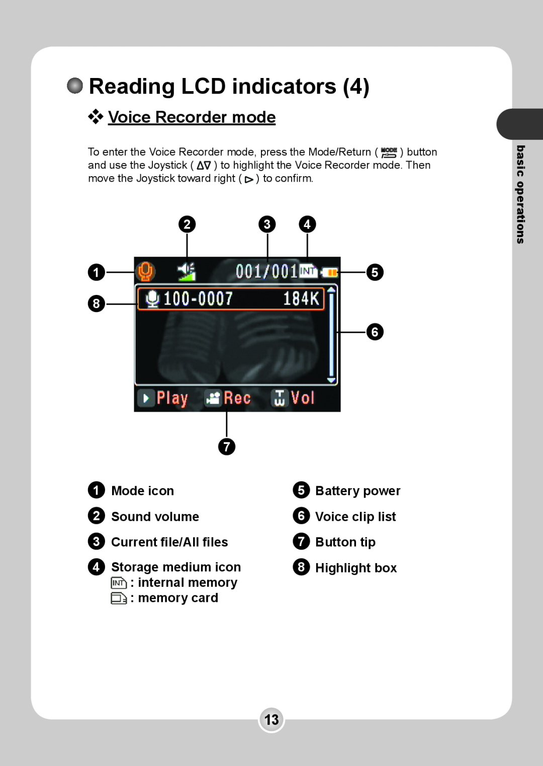 Nokia 6108 Voice Recorder mode, Voice clip list, Storage medium icon, Reading LCD indicators, Mode icon, Sound volume 