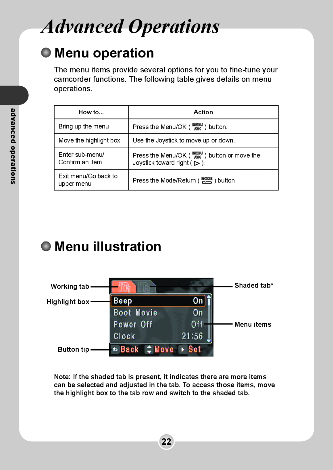 Nokia 6108 manual Advanced Operations, Menu operation, Menu illustration, advanced operations, Working tab, Shaded tab 