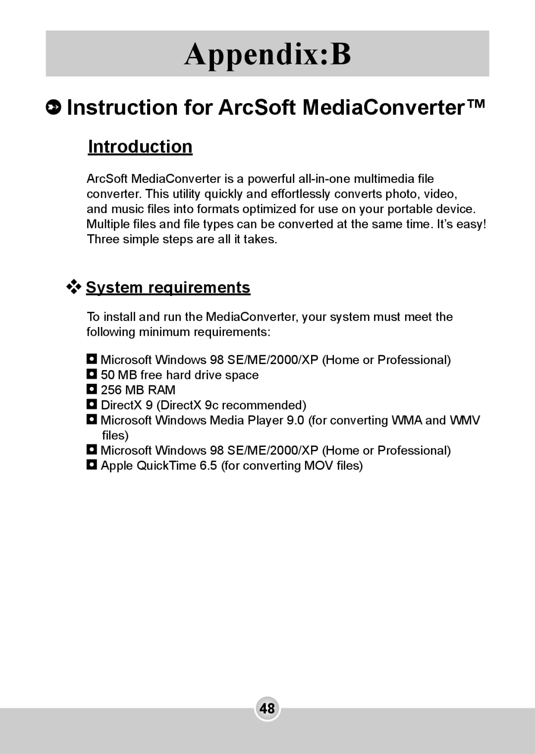 Nokia 6108 manual AppendixB, Instruction for ArcSoft MediaConverter, Introduction, System requirements 