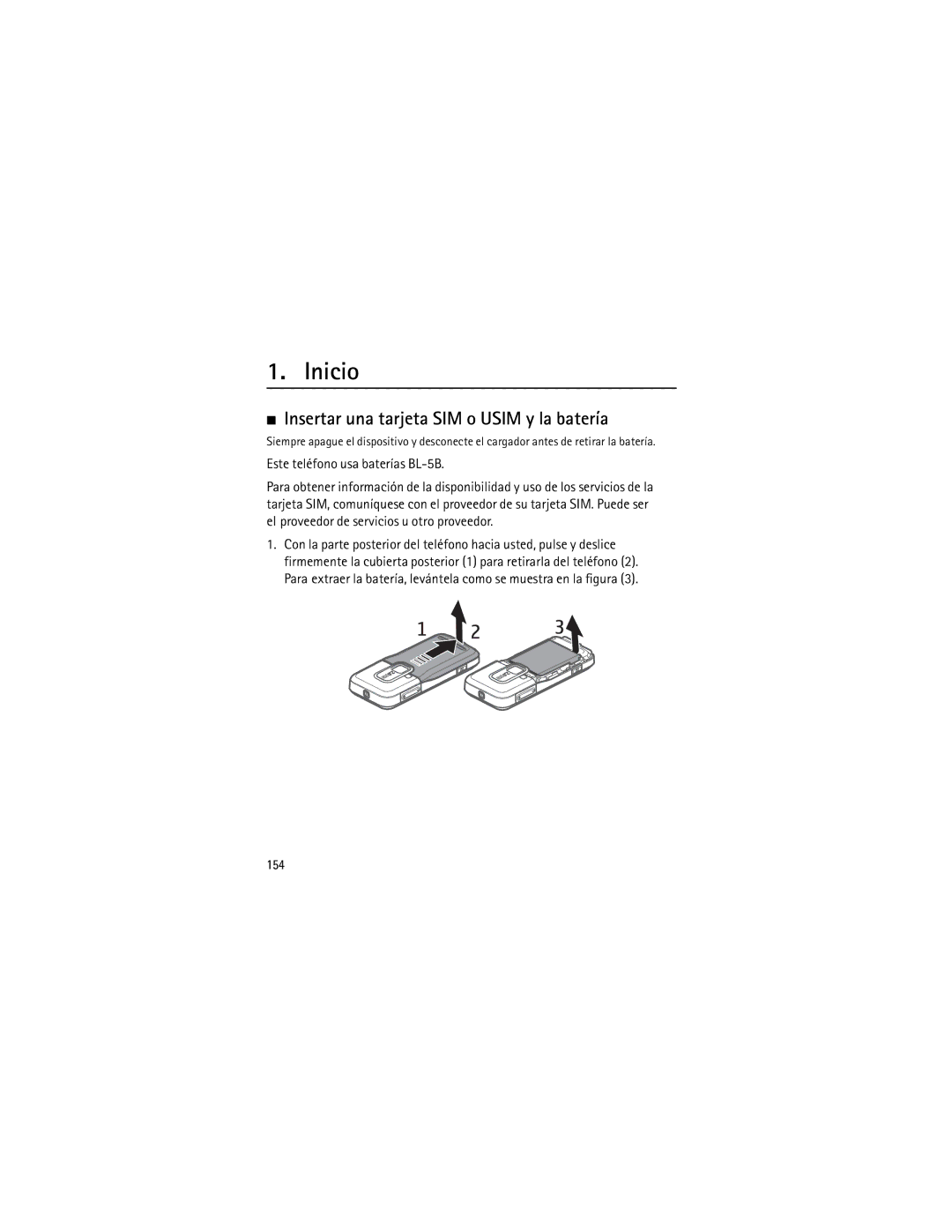 Nokia 6120 classic manual Inicio, Insertar una tarjeta SIM o Usim y la batería, Este teléfono usa baterías BL-5B, 154 