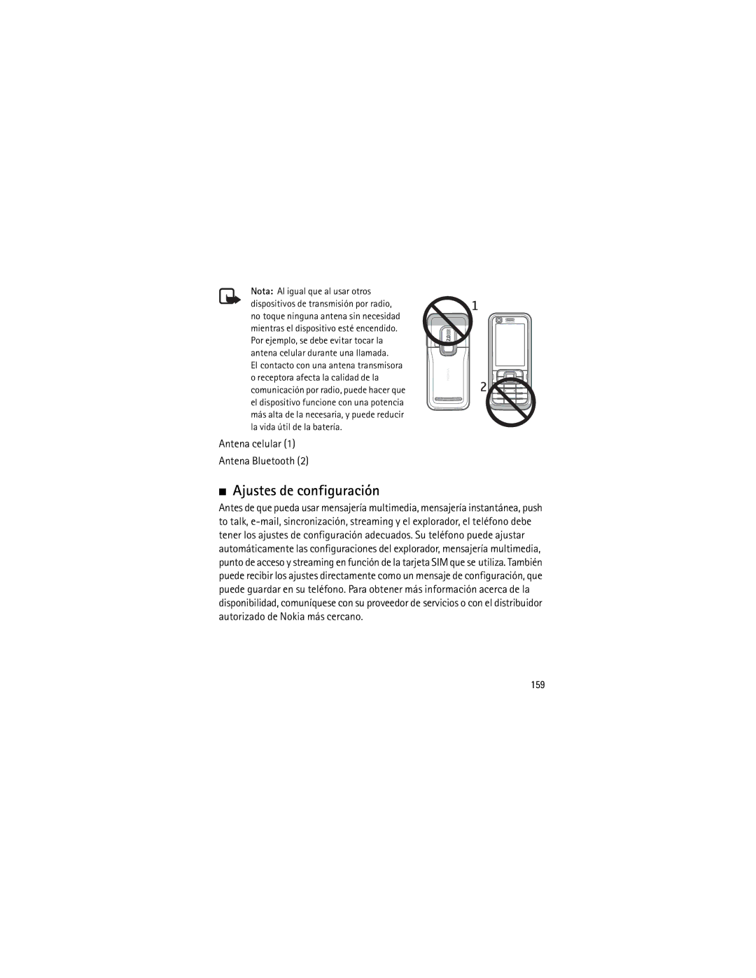 Nokia 6120 classic manual Ajustes de configuración, Antena celular Antena Bluetooth, 159 