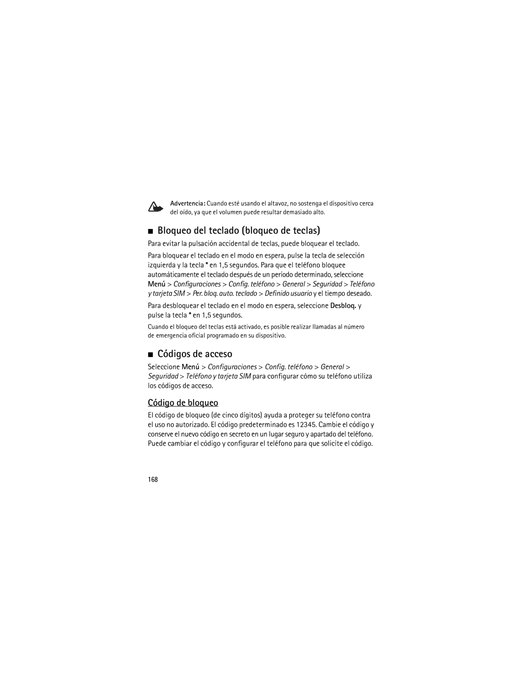Nokia 6120 classic manual Bloqueo del teclado bloqueo de teclas, Códigos de acceso, Código de bloqueo, 168 
