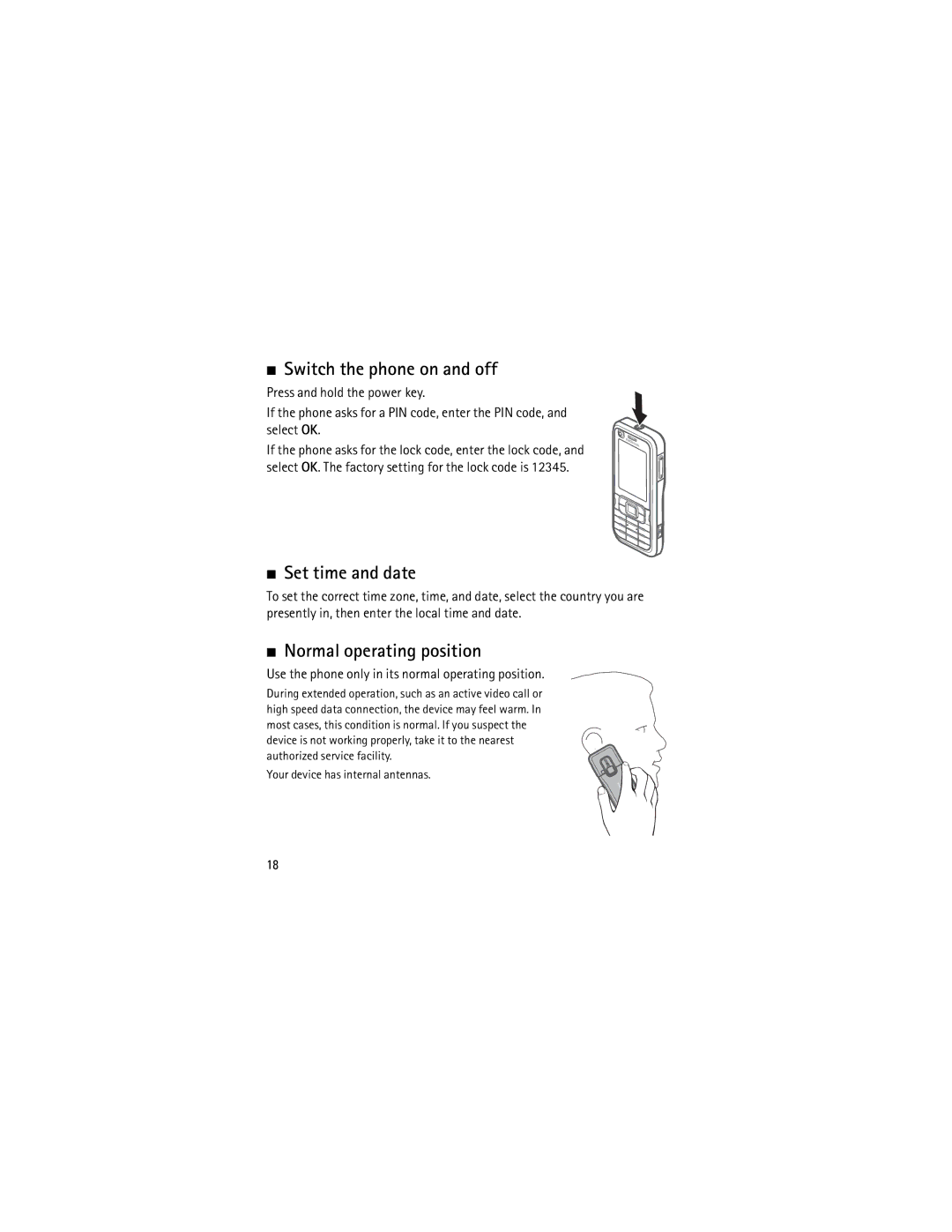 Nokia 6120 classic manual Switch the phone on and off, Set time and date, Normal operating position 