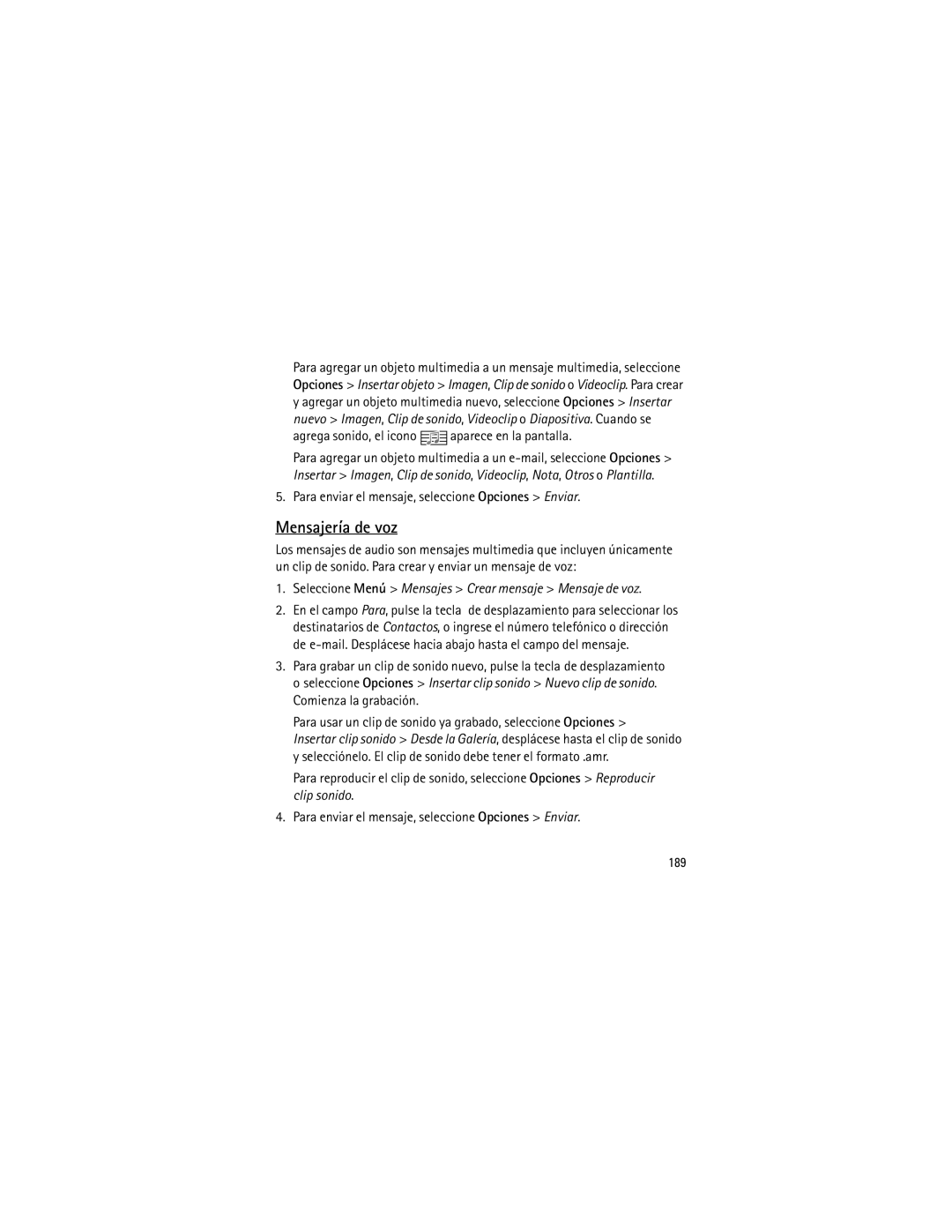 Nokia 6120 classic manual Mensajería de voz, Agrega sonido, el icono aparece en la pantalla, 189 