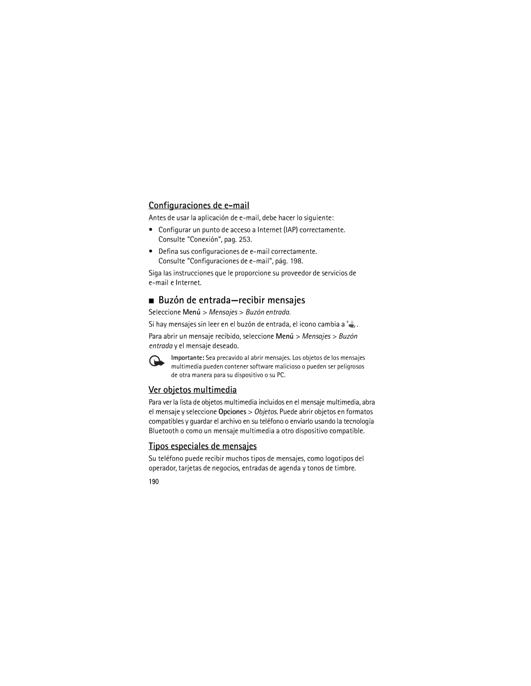 Nokia 6120 classic manual Buzón de entrada-recibir mensajes, Configuraciones de e-mail, Ver objetos multimedia, 190 