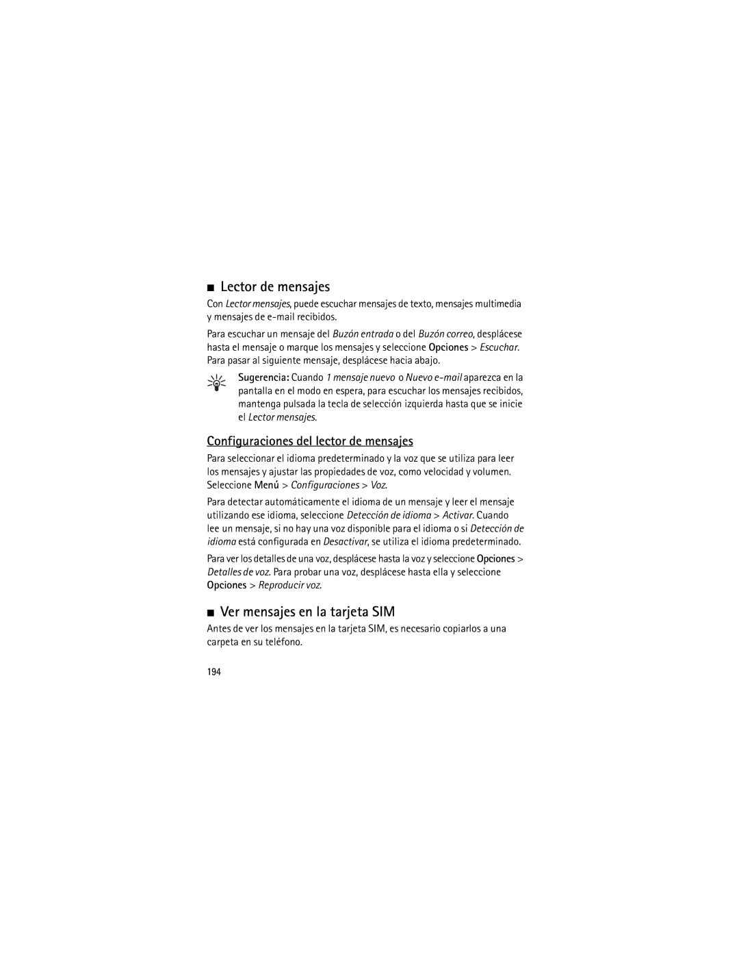 Nokia 6120 classic manual Lector de mensajes, Ver mensajes en la tarjeta SIM, Configuraciones del lector de mensajes, 194 