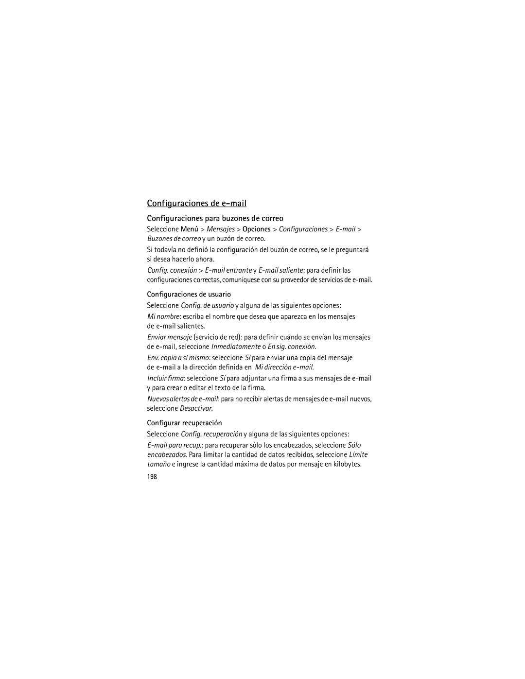 Nokia 6120 classic manual Configuraciones para buzones de correo, Configuraciones de usuario, Configurar recuperación, 198 