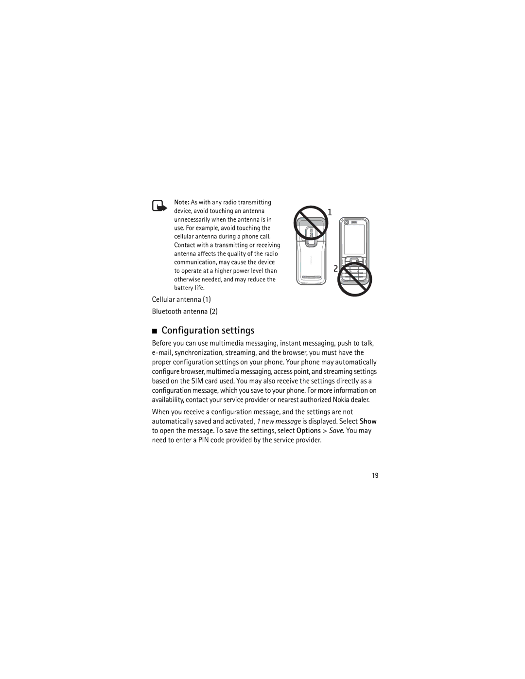 Nokia 6120 classic manual Configuration settings, Cellular antenna Bluetooth antenna 