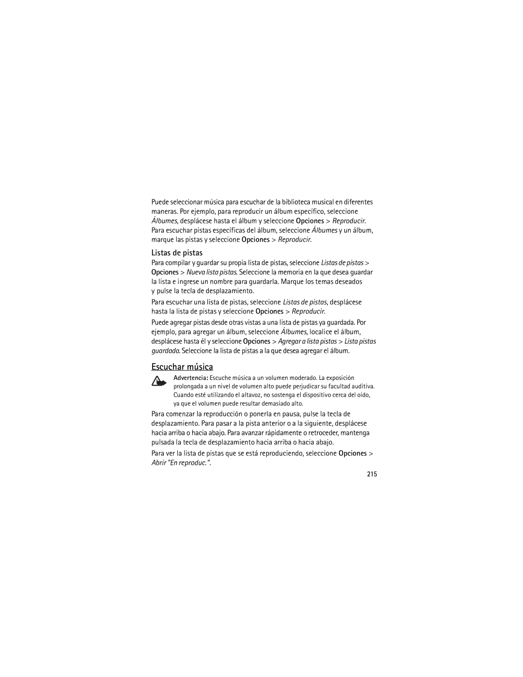 Nokia 6120 classic manual Escuchar música, Listas de pistas, Pulse la tecla de desplazamiento, 215 