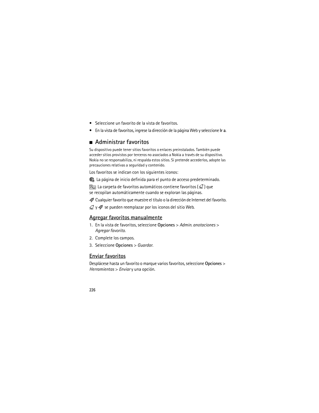 Nokia 6120 classic Administrar favoritos, Agregar favoritos manualmente, Enviar favoritos, 226 
