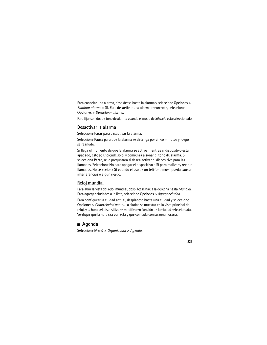 Nokia 6120 classic manual Desactivar la alarma, Reloj mundial, Seleccione Menú Organizador Agenda, 235 