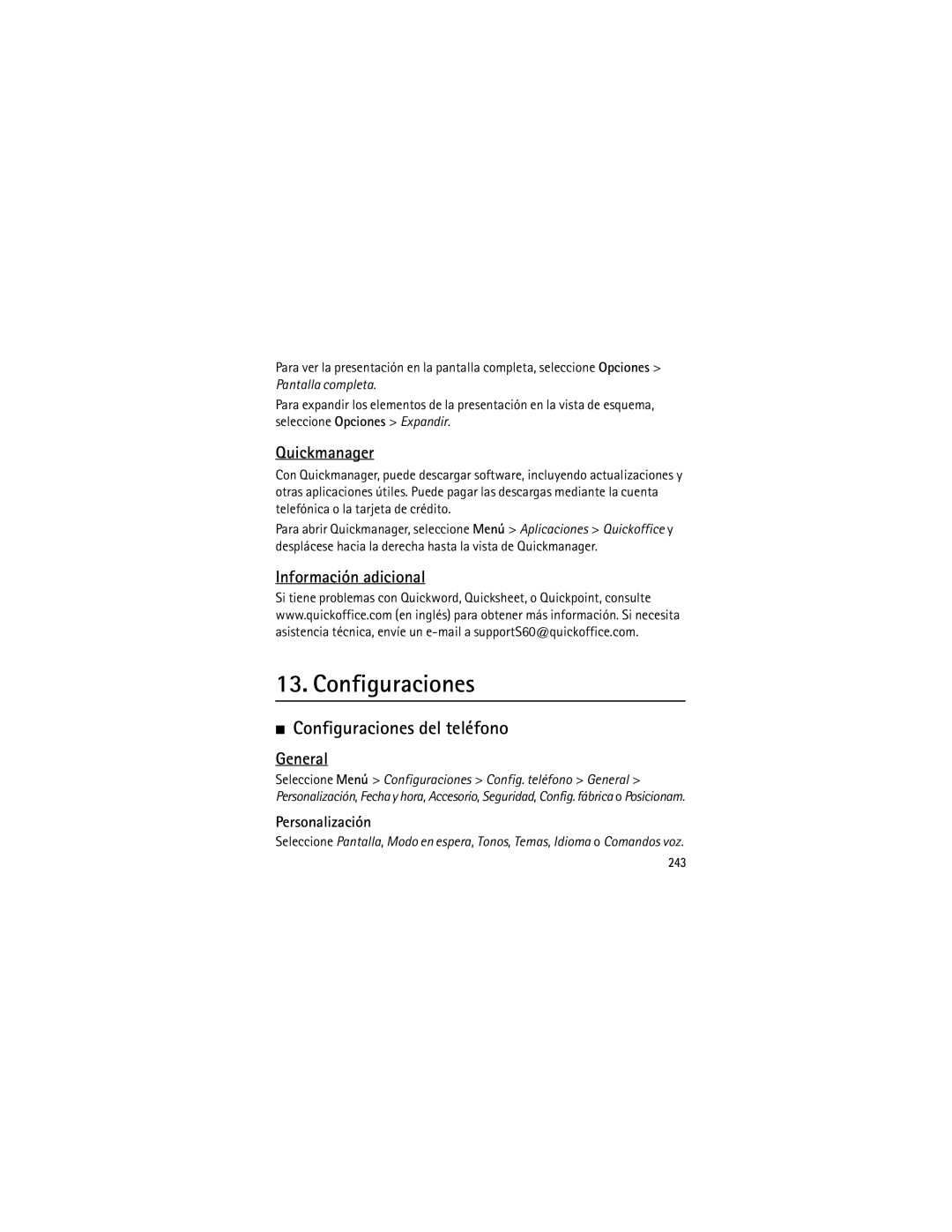 Nokia 6120 classic manual Configuraciones del teléfono, Información adicional, Personalización, 243 