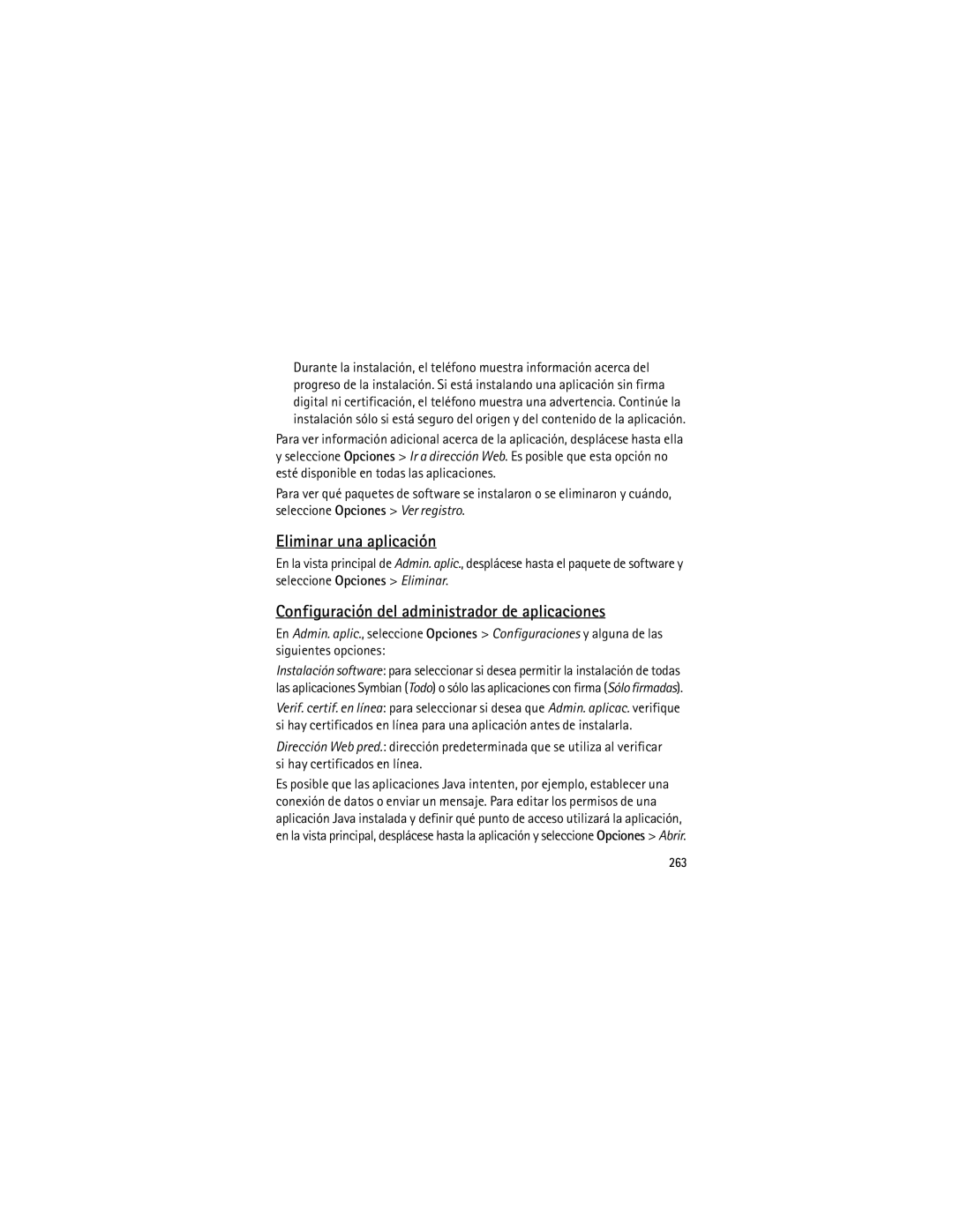 Nokia 6120 classic manual Eliminar una aplicación, Configuración del administrador de aplicaciones, 263 