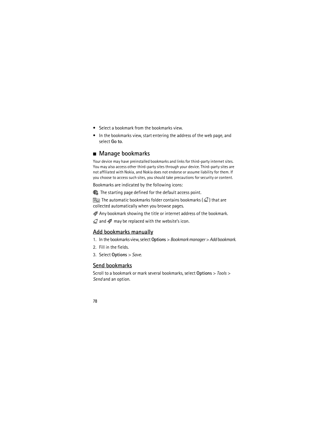 Nokia 6120 classic Manage bookmarks, Add bookmarks manually, Send bookmarks, Fill in the fields Select Options Save 