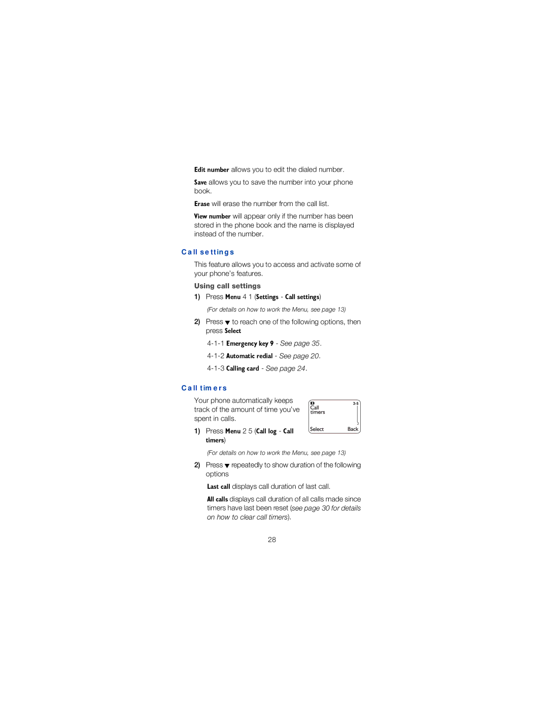 Nokia 6120 owner manual Call settings, Using call settings, Press 0HQX 4 1 6HWWLQJV &DOO Vhwwlqjv, Call timers, Wlphuv 