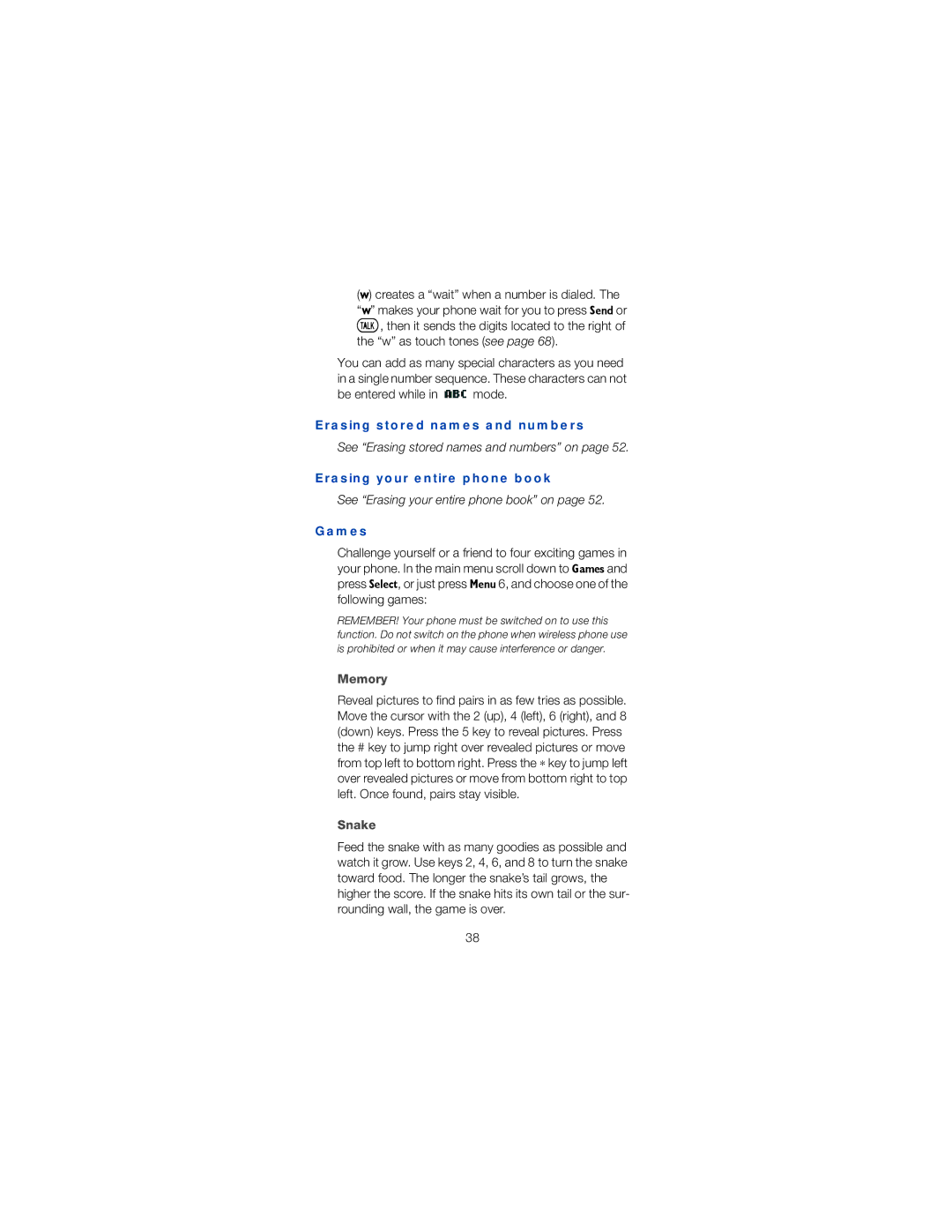 Nokia 6120 owner manual Erasing stored names and numbers, Erasing your entire phone book, Memory, Snake 